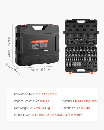 VEVOR Impact Socket Set 3/8" Drive 90-Piece, CR-MO, Shallow & Deep, 6 Point - size: 3/8" 90 PCS