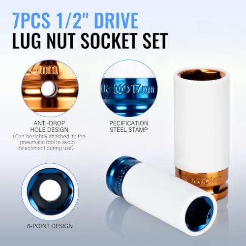1/2" Drive Wheel Protector Impact Socket, Metric Deep 17mm - 27 mm (7 PCS) - size: 1/2" Color Impact Sockets 7pcs