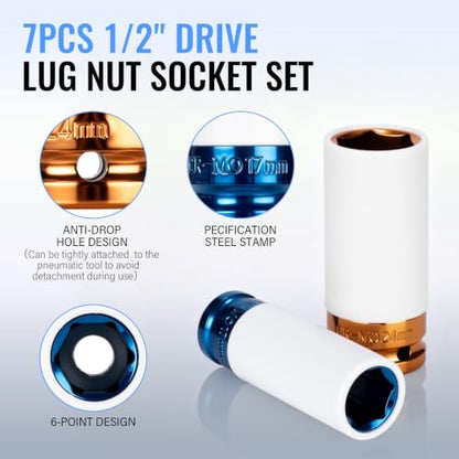 1/2" Drive Wheel Protector Impact Socket, Metric Deep 17mm - 27 mm (7 PCS) - size: 1/2" Color Impact Sockets 7pcs