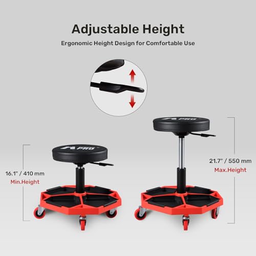 Rolling Mechanic Stool, 300 LBS Adjustable Garage Shop Seat with Tool Trays