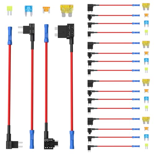 Newdeli 20 Pack 12V Fuse Tap Car Add-a-Circuit Adapter and Fuse Kit with Standard Mini Micro2 and Low Profile Fuse Taps 4 Types ATO ATC ATM APM Fuse Holder for Cars Trucks Boats - size: 20 Pack 16AWG Fuse Taps