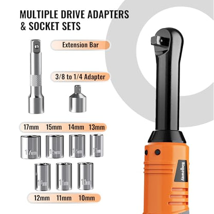 3/8" Electric Ratchet Wrench Set, Extended Long Neck Cordless Ratchet, 16V 45 ft-lbs Power Ratchet Kit, 600 RPM, 2 Batteries, LED, 9-Pcs Accessory Set & Toolbox for Auto Repair