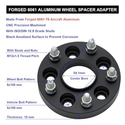 4X Black 5x100 Hubcentric Wheel Spacers 15mm with 12x1.5 Studs 54.1mm Hub - size: 15MM-Pack of 4