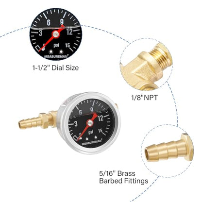 MEASUREMAN Fuel Pressure Gauge Kit 0-15Psi Stainless Steel Glycerin Filled, 1-1/2" Black Dial Size, with 5/16" Fuel Line Fuel Pressure Brass T-Fitting Adapter, Center Back Mount - size: 0-15 psi, style: Back Mount T-Fitting Adapter (Black Dial)