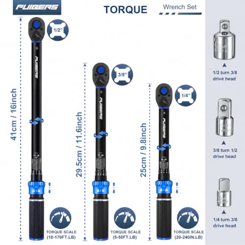 Torque Wrench Set 1/2 3/8 1/4 inch Drive Click, 3Pcs Torque Wrenches 10-170 FT.LB,5-50FT.LB,20-240IN.LB, Inch pound Torque Wrench with 3 Pcs Adapter for Bike,Car, Truck,Tractor - size: 1/4" & 3/8" & 1/2" 1.67-20/5-50/10-170 FT.LB