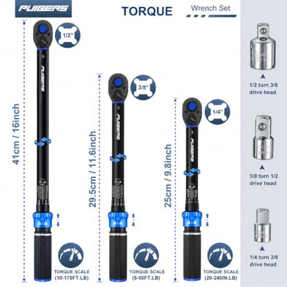 Torque Wrench Set 1/2 3/8 1/4 inch Drive Click, 3Pcs Torque Wrenches 10-170 FT.LB,5-50FT.LB,20-240IN.LB, Inch pound Torque Wrench with 3 Pcs Adapter for Bike,Car, Truck,Tractor - size: 1/4" & 3/8" & 1/2" 1.67-20/5-50/10-170 FT.LB