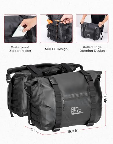 KEMIMOTO PVC Waterproof Motorcycle Saddlebags 50L Adventure Dual Sport Bike - color: Black