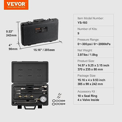 VEVOR Compression Tester Adapter Kit, 9 Pcs Automotive Engine Cylinder Leak Down Compression Test, Accurate Dual Scale Pressure Gauge 0-300 psi, with Long Reach Hoses and Case for Engine Cylinders