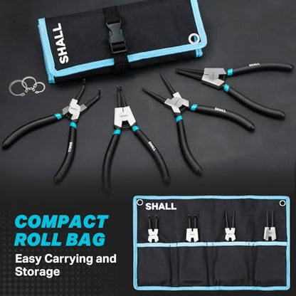 SHALL 4PCS Snap Ring Pliers Set, 7-Inch Internal External Circlip Pliers, Straight Bent C-clip Pliers Lock Ring Pliers, 5/64" Tip, Heavy Duty Reverse Pliers for Ring Remover Retaining w/Portable Pouch
