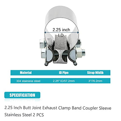 2.25" 2.25 Inch Exhaust Clamp Butt Joint Band Clamp Sleeve Coupler Stainless Steel for Exhaust Pipes, Mufflers and Catalytic Converters (2 PCS) - size: 2.25"