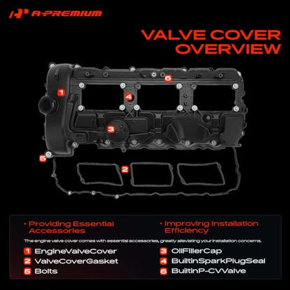 A-Premium Engine Valve Cover, with Gasket & Bolts, Compatible with BMW F80 F82 F83 F87 Series, M2 2019-2021, M3 2015-2018, M4 2015-2020, N55 L6 3.0L Turbo, Replace # 11127846359
