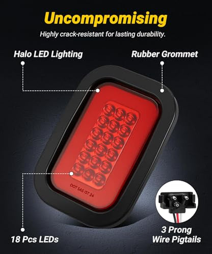 5x3 Rectangle LED Stop Brake Turn Tail Lights Halo LED Red Lens Flatbed Truck Trailer Hitch Tail Lights w/Rubber Grommet 3 Prong Trailer Wire Pigtails Plug 2Pcs