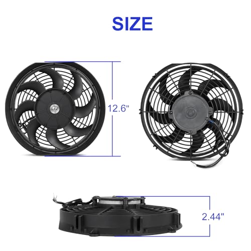 Universal 12-Inch Slim Electric Radiator Cooling Fan Kit – 12V 80W Push/Pull with Thermostat, Relay, Wiring Harness & Mounting Kit, Universal Fit – Black - size: 12 inch