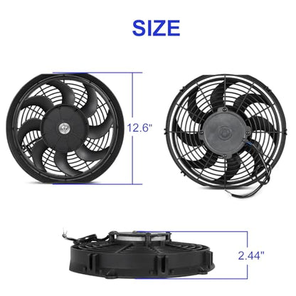 Universal 12-Inch Slim Electric Radiator Cooling Fan Kit – 12V 80W Push/Pull with Thermostat, Relay, Wiring Harness & Mounting Kit, Universal Fit – Black - size: 12 inch