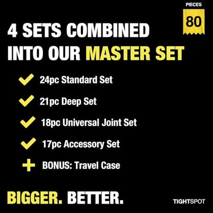 TIGHTSPOT 1/4" Drive 80pc Impact Socket MASTER SET, our Most Complete Set Ever with SAE & Metric from 3/16 Inch - 9/16 Inch, 4mm - 15mm, Standard/Deep/Universal & Torx & Inverted Torx Sockets & More - size: 1/4” Drive 80pc Impact Socket Set