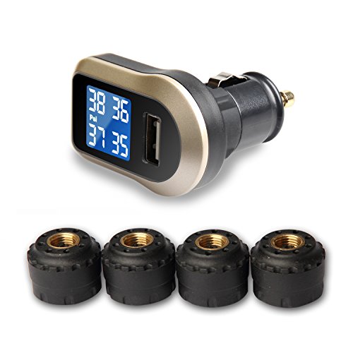 Wireless Tire Pressure Monitoring System, Universal TPMS with Real-Time LCD Display, 5 Alarm Modes, 4 Advanced Waterproof Sensors, 2-Year Battery Life, Cigarette Lighter Plug, 0-6Bar/ 0-87PSI - size: rectangle display