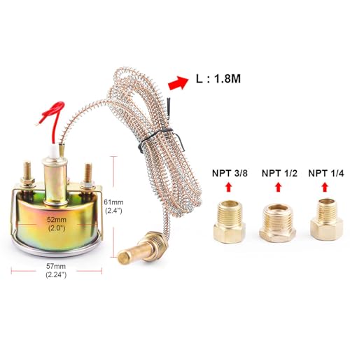 Dyno Racing 2" 52mm 12V Pointer Mechanical Water Temperature Temp Gauge (50-140℃,130-280℉),Yellow Light Car Meter with Sensor NPT 1/2, NPT 3/8, NPT 1/4, 1.8m Wire Length - style: 50-140℃ & 130-280℉