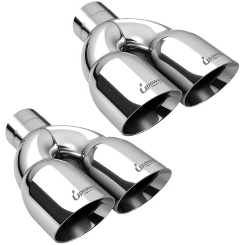 Upower Pack of 2 Dual Exhaust Tip Tailpipe 2.5 Inch Inlet 3.5" Outlet 9.5" Length Polished Stainless Exhaust Tip for Car Truck (Double Wall Weld-On Angle Cut Design)