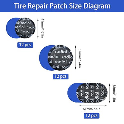 TP-MRV3b Radial Tire Patch Kit 36 pcs(Dia. 1 5/6" (41 mm) 12 pcs, Dia. 2 1/4" (57 mm) 12pcs and 1 1/2" x 2 3/8" (38 x 61 mm) 12 pcs in a Box) - size: TP-MRV3b