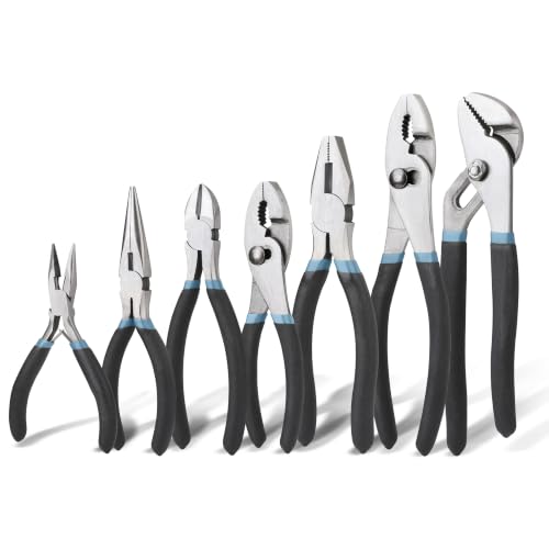 TEMPEST 7-Piece Utility Pliers Set – 8" Groove Joint Plier, 8"/6" Slip Joint, 7" Linesman, 6" Diagonal, 6" & Mini Long Nose, Carbon Steel, Anti-Slip Double-Dipped Handle for Home, DIY, Automotive