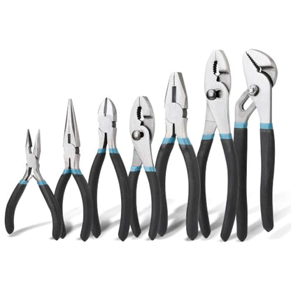 TEMPEST 7-Piece Utility Pliers Set – 8" Groove Joint Plier, 8"/6" Slip Joint, 7" Linesman, 6" Diagonal, 6" & Mini Long Nose, Carbon Steel, Anti-Slip Double-Dipped Handle for Home, DIY, Automotive