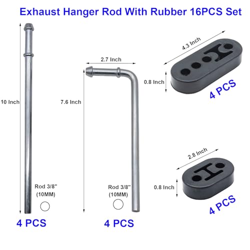 16PCS Exhaust Hanger 3/8"(10MM) Mild Steel Zinc Coated Rod Rubber Mount Set - size: 16PCS Exhaust Hanger Rod With Rubber