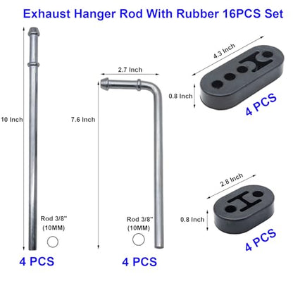 16PCS Exhaust Hanger 3/8"(10MM) Mild Steel Zinc Coated Rod Rubber Mount Set - size: 16PCS Exhaust Hanger Rod With Rubber