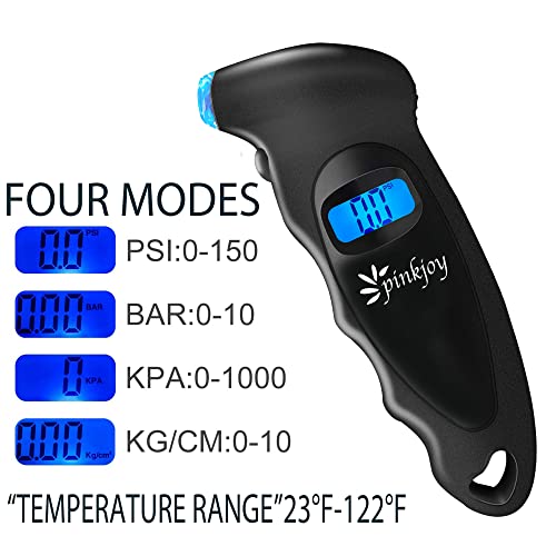 PINKJOY Digital Tire Pressure Gauge 150 PSI, 4 Settings, Tire Gauge for Car, Truck, Motorcycle, Bicycle with Backlit LCD and Non-Slip Grip (Black) - color: Black 1 Pack