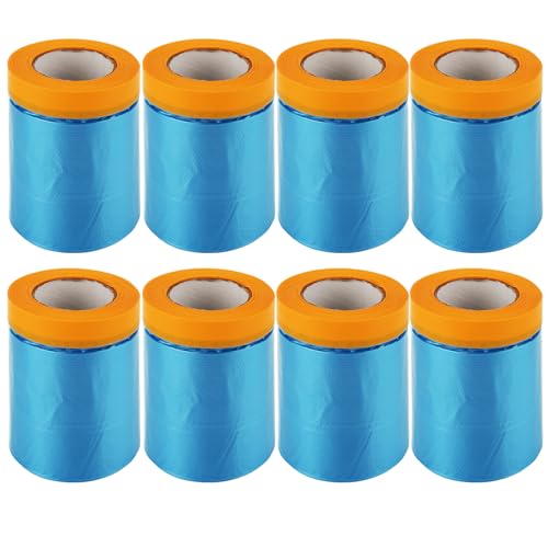 8 Rolls 22" x 66' Painters Plastic Sheeting, Pre-Taped Masking Film, Tape and Drape Drop Cloth for Painting, Automotive Covering and Appliance Protection