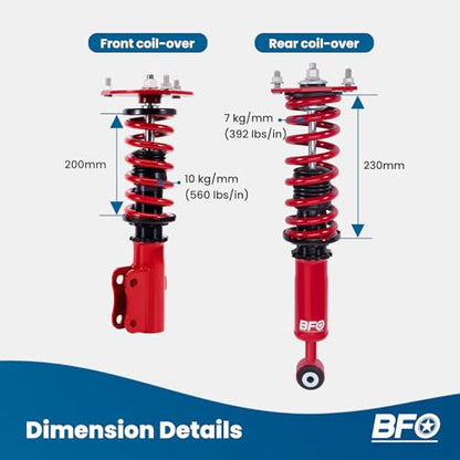 BFO Coilovers for Mitsubishi 3000GT FWD 1991-1999, for Dodge Stealth FWD 1991-1996, Height Adjustable Coilovers Suspension Kit, Preset Damping Shock Absorber Struts, Lowering Kit Red