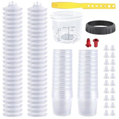 Disposable Paint Spray Gun Cup System for HVLP Paint Spray Paint Gun,Standard 6 Ounce (180ml) Kit with 50 Cups and Lids, 1 Hard Paint Mixing Cup with Retainer Ring and 20 Plugs - color: Dis-180m1-50pcs