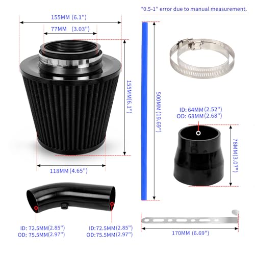 3-Inch Universal Cold Air Intake Kit, Aluminium Automotive Air Intake Pipe Kit with High Flow Filter, Induction Hose System for Cars and Trucks, Black Filter