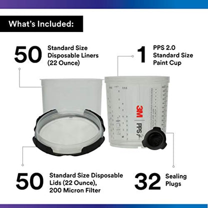 3M 26000 PPS 2.0 Spray Gun Cup, Lids and Liners Kit, Standard, 200-Micron Filter, 22 Ounces, BLACK,SILVER - size: Standard, 200-Micron Filter