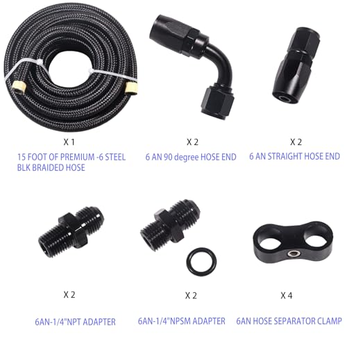 6AN 15FT 4L60E 4L65E Transmission Cooler Line Kit - Black,1/4"NPSM X 6AN -Steel-Black Nylon Braided Hose Kit Nylon Braided Fuel Line Hose Fitting Kit with 6AN 90 degree &Straight Hose Ends.