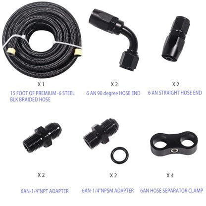 6AN 15FT 4L60E 4L65E Transmission Cooler Line Kit - Black,1/4"NPSM X 6AN -Steel-Black Nylon Braided Hose Kit Nylon Braided Fuel Line Hose Fitting Kit with 6AN 90 degree &Straight Hose Ends.