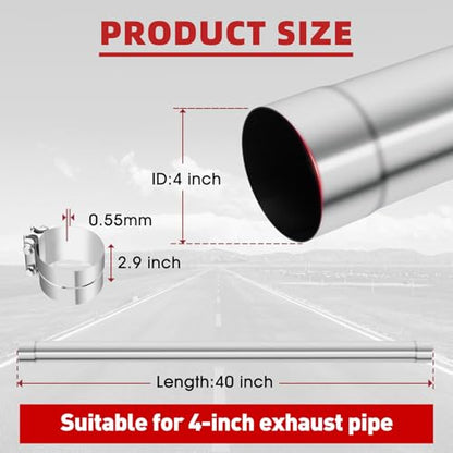 LCGP 4 Inch Straight Exhaust Pipe, 4" Stainless Steel Straight Muffler Replacement Pipe, 40" Length Mandrel Exhaust Tube with Two Lap Joint Band Clamps(New Version) - size: 4 Inch
