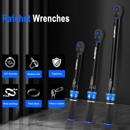 Torque Wrench Set 1/2 3/8 1/4 inch Drive Click, 3Pcs Torque Wrenches 10-170 FT.LB,5-50FT.LB,20-240IN.LB, Inch pound Torque Wrench with 3 Pcs Adapter for Bike,Car, Truck,Tractor - size: 1/4" & 3/8" & 1/2" 1.67-20/5-50/10-170 FT.LB
