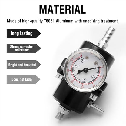 Adjustable Fuel Pressure Regulator With Gauge Hose 0-140 PSI Universal 6AN FPR Kit Aluminum Black - color: black