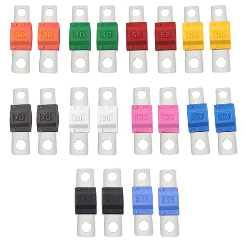 20pcs AMI Midi Fuse High Current Bolt-on Fuse Set Copper Plated for Automotive Marine Truck RV with Assorted Ratings(30A, 40A, 50A, 60A, 70A, 80A, 100A, 125A, 150A, 175A) Fits 32V Electrical Systems. - size: Mixed