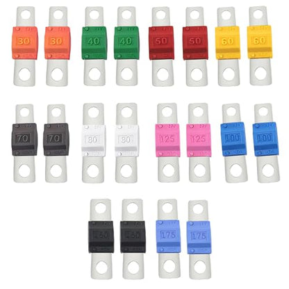 20pcs AMI Midi Fuse High Current Bolt-on Fuse Set Copper Plated for Automotive Marine Truck RV with Assorted Ratings(30A, 40A, 50A, 60A, 70A, 80A, 100A, 125A, 150A, 175A) Fits 32V Electrical Systems. - size: Mixed