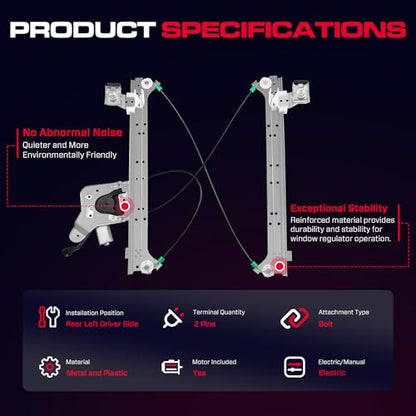 Rear Driver Side Power Window Regulator with Motor (2 Pins) Fit for 2001-2006 Chevrolet Silverado 1500 3500, Avalanche Suburban GMC Sierra 1500 2500 3500 Yukon XL Cadillac Escalade, 741-578 - size: Rear Driver (LH)