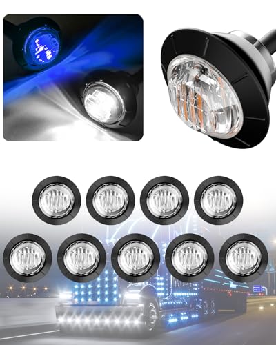 BJZ 3/4" Round Trailer Marker LED Lights Blue to White Dual Color Side Clearance Tail Bullet Light 12V 4LED Indicator Light w/Clear Lens for Trailer Truck Van RV ATV Bus, 10Pcs - color: White-Blue (Clear Lens)