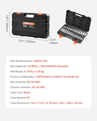 VEVOR Hex Bit Socket Set, 32-Piece, S2 Alloy Steel and Cr-V Steel, Standard SAE and Metric, 1/4 in, 3/8 in, and 1/2 in Drives, with Enhanced Storage Case, Allen Socket Set for Mechanics, Auto Repair - size: 32 PCS