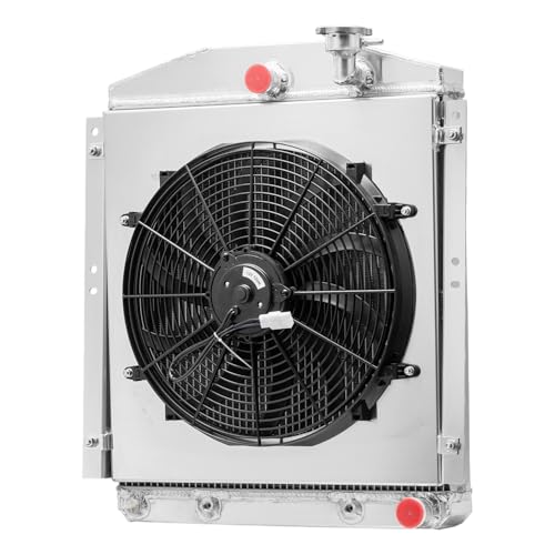 4 Row High Flow Aluminum Radiator with Shroud Fan, 63mm Core High Performance Upgraded Downflow for 1948-1954 Chevy/GMC Truck, All Aluminum Racing Spec Cooling Radiator, OE 4854 CC4854 CU4854