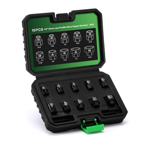 TecoTek 10-Piece 1/4-Inch Drive SAE Low Profile Impact Socket Set, Stubby Socket Set, 3/16" to 9/16", 6 Point, Cr-Mo, Shorter Socket for Tight Areas - size: 3/16" - 9/16"(1/4" Dr.)