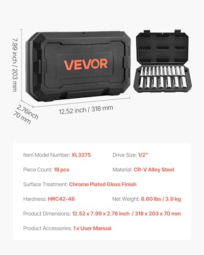 VEVOR Socket Set, 18 Pieces, 1/2 inch Drive Socket Tool Set, Metric Size from 10 to 27 mm, Mechanic Tool Kit with Storage Case, Clear Markings, Chrome Plated CR-V Alloy Steel, for Automotive Repair - size: 18-PCS