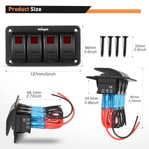 Nilight 4 Gang Rocker Switch Panel SPST On Off 5PIN Electrical Toggle Red - color: Red, size: 4 Gang