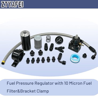 EFI Fuel Pressure Regulator Kit 0-100psi with Gauge 6AN Fuel Line Fitting with 10 Micron Fuel Filter&Bracket Clamp Universal Adjustable Aluminum (Black)