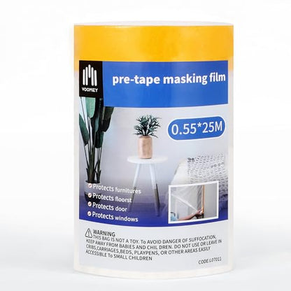Voomey Pre-Taped Masking Film, Painters Tape with Plastic Attached, Automotive Painters Tape and Drape for Appliances, Furniture, Wood Surfaces & DIY Projects - 1ft x 82ft - size: 550mm*25m, style: Standard Roll