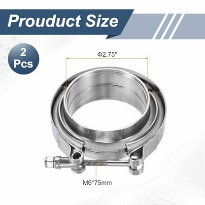 HARFINGTON 2pcs V Band Clamp with Flange 2.75 Inch 304 Stainless Steel Male Female V-Band Exhaust Clamp Flange Kit for Auto, Silver - size: 2.75 Inch